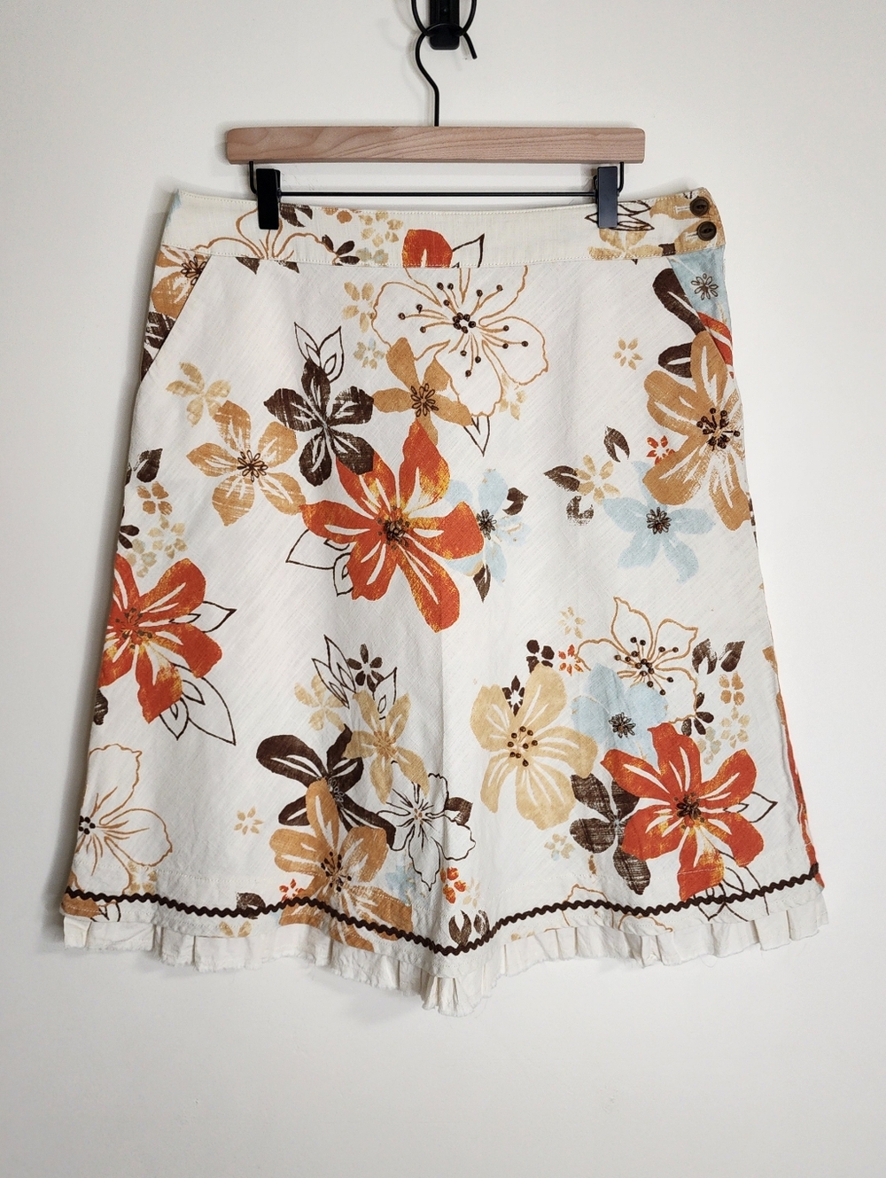 J. Jill 100% Cotton Cream Floral A-Line Ruffle Mid Skirt Sz14 Cottagecore Casual